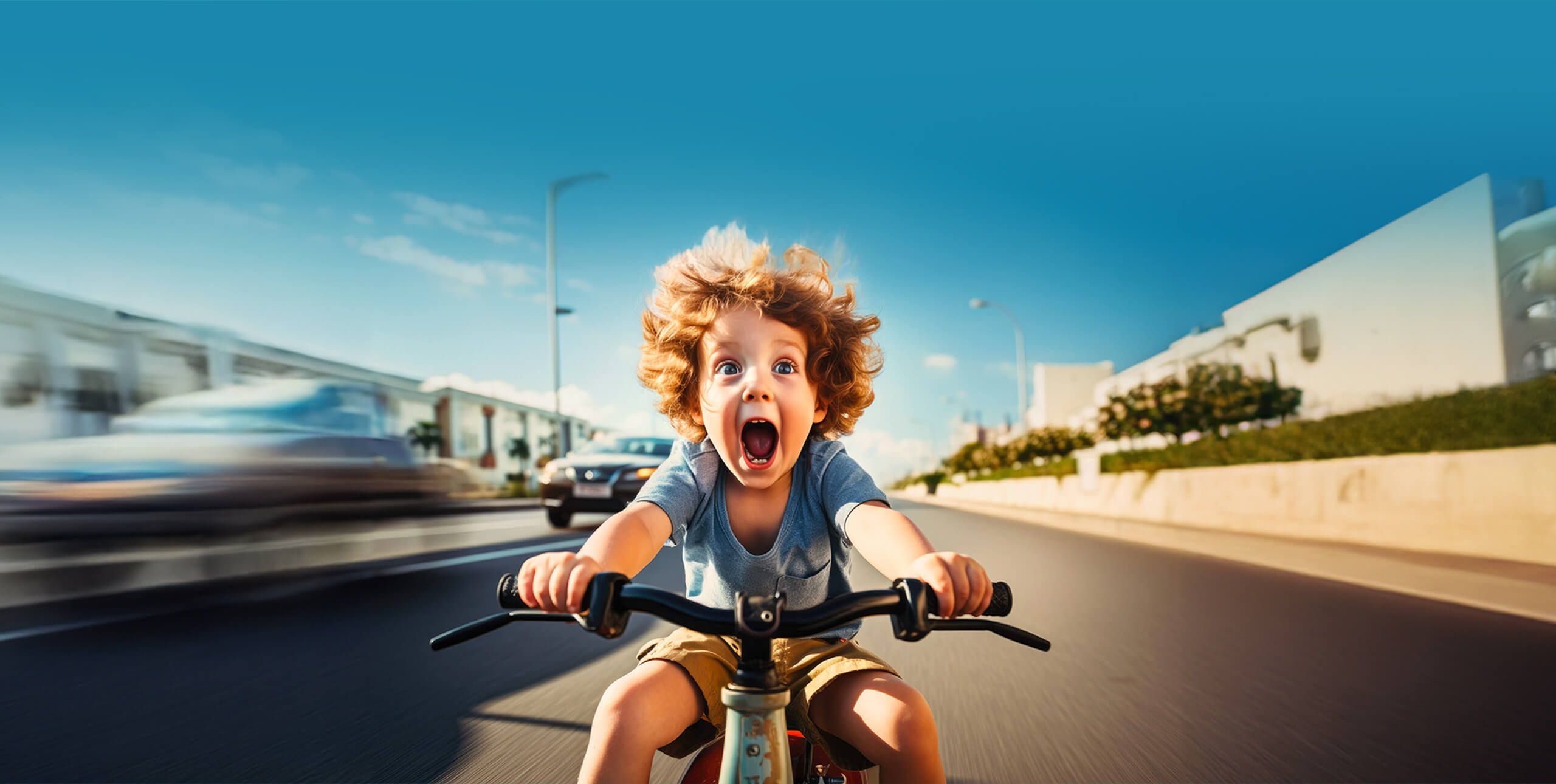 Petit garçon hurle en pédalant sur son vélo